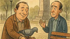 Banc: Doi bărbați în parc hrănesc porumbeii