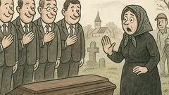 Banc: La înmormântare, văduva se uită atent