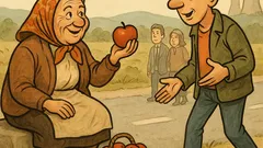 Banc: O bunicuță vinde mere de la Cernobîl